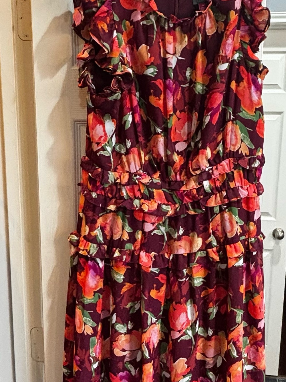 Vince Camuto Floral Ruffle Tiered Maxi Dress - Burgundy & Coral